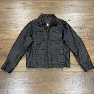 Gap Leather Jacket Mens Medium Black Lambskin Y2K Bomber Pockets Full-Zip Lined